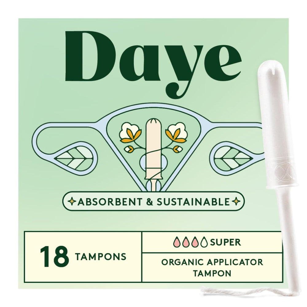 Daye tampones Super frente del empaque mostrando 18 unidades y beneficio de pureza