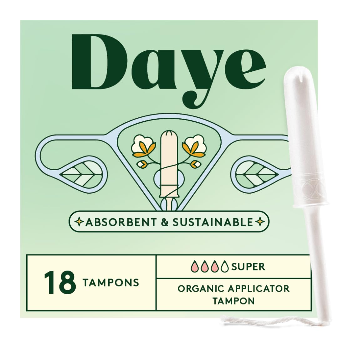 Daye tampones Super frente del empaque mostrando 18 unidades y beneficio de pureza