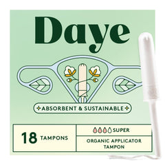 Daye tampones Super frente del empaque mostrando 18 unidades y beneficio de pureza
