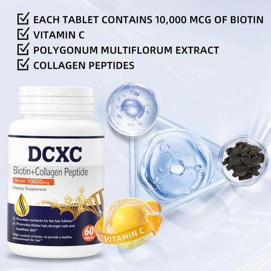 DCXC etiqueta en detalle con información de biotina y colágeno