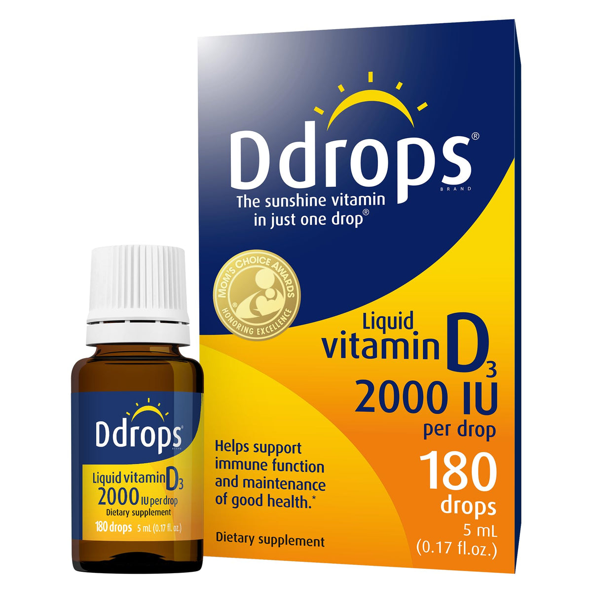 Ddrops frasco frontal mostrando la etiqueta y beneficio de dosificación precisa