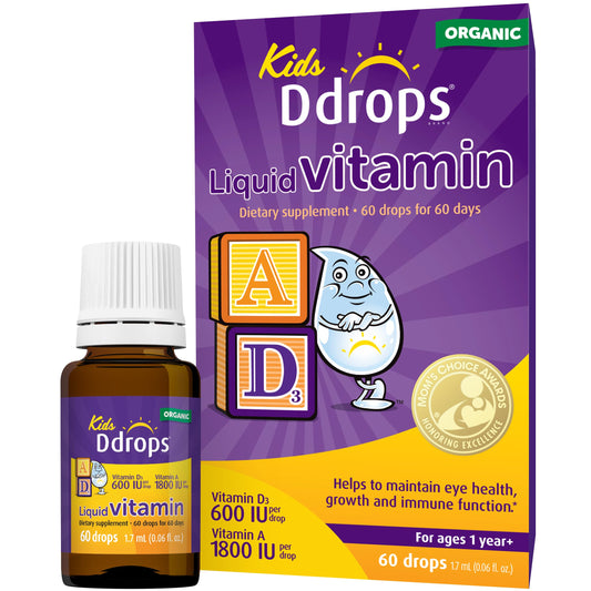 Ddrops frasco frontal kids organic mostrando etiqueta clara y beneficio práctico