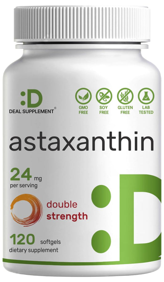 DEAL SUPPLEMENT frasco frontal de astaxantina con etiqueta clara y ventaja de alta concentración