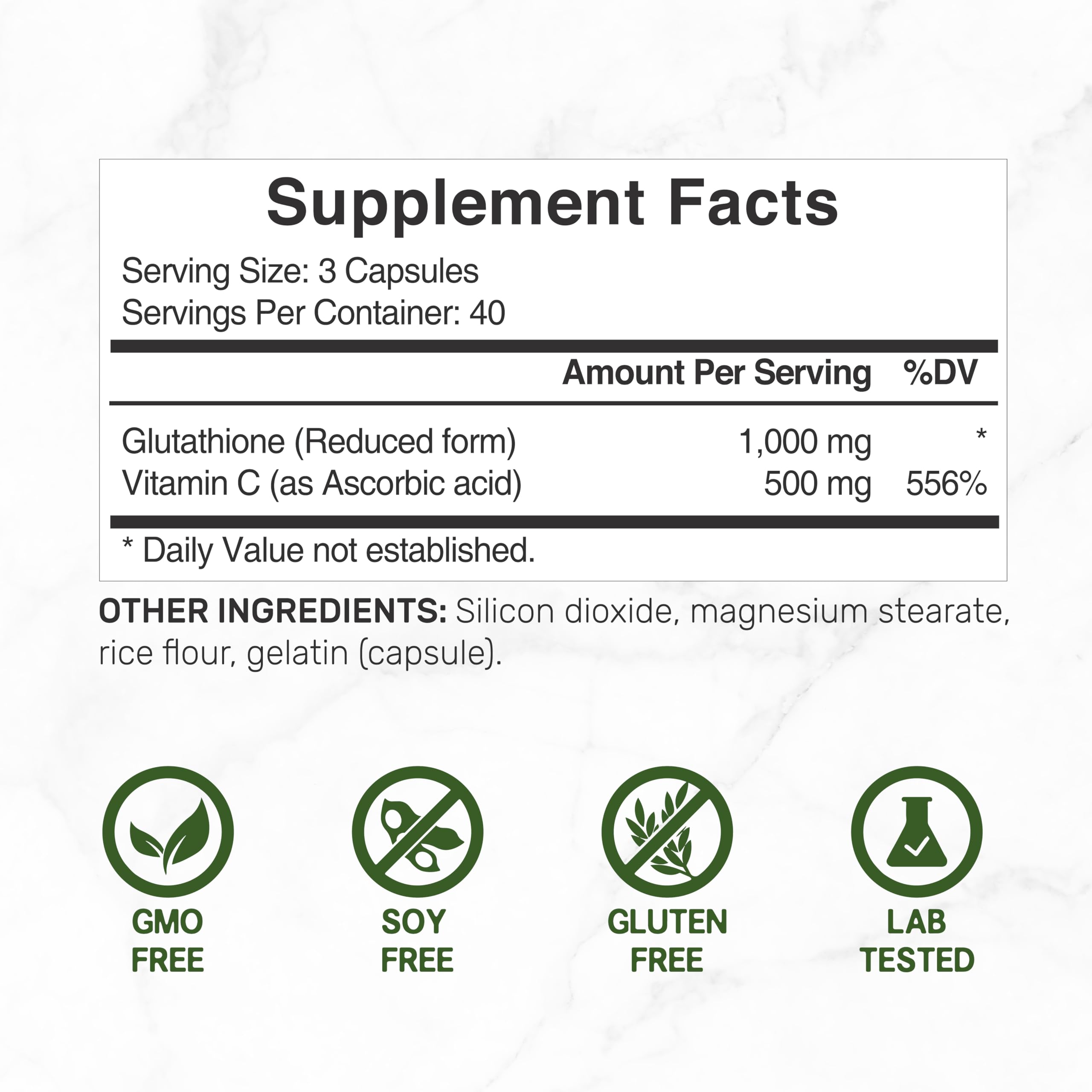 DEAL SUPPLEMENT etiqueta en detalle con información de glutatión y vitamina C