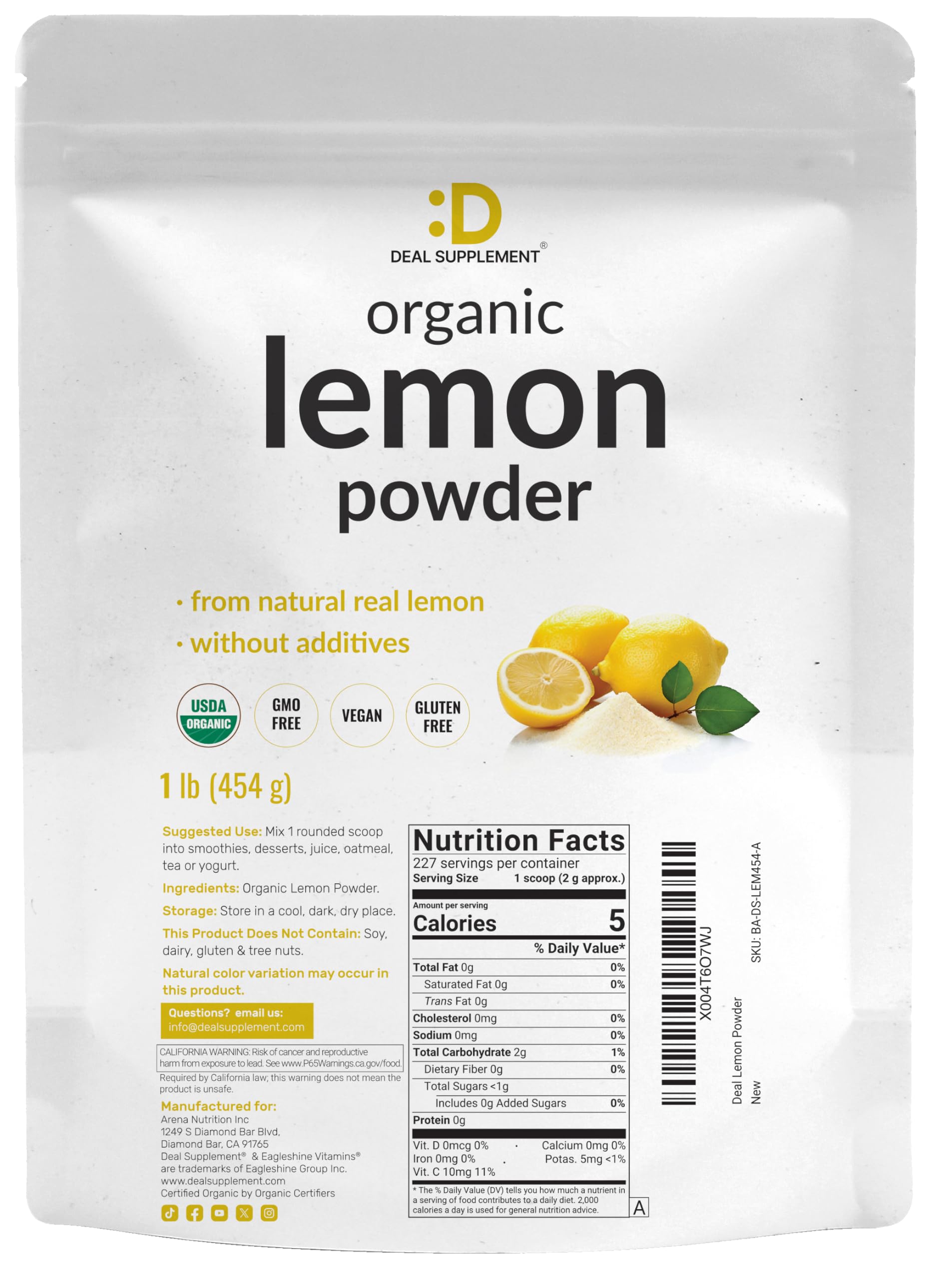 DEAL SUPPLEMENT etiqueta nutricional y certificados orgánicos y de pruebas de laboratorio