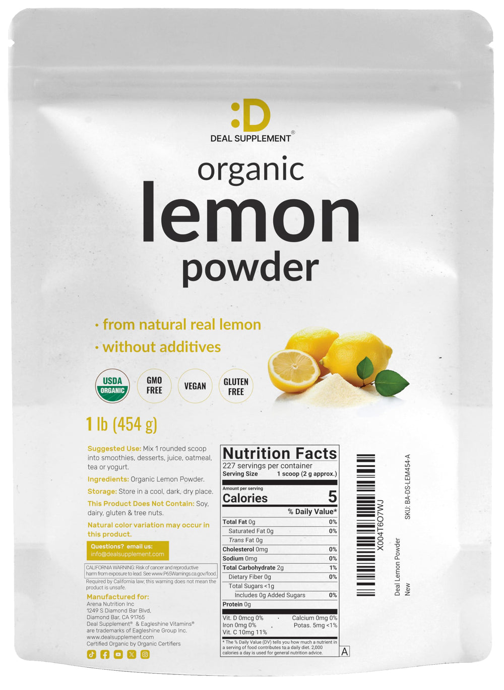 DEAL SUPPLEMENT etiqueta nutricional y certificados orgánicos y de pruebas de laboratorio