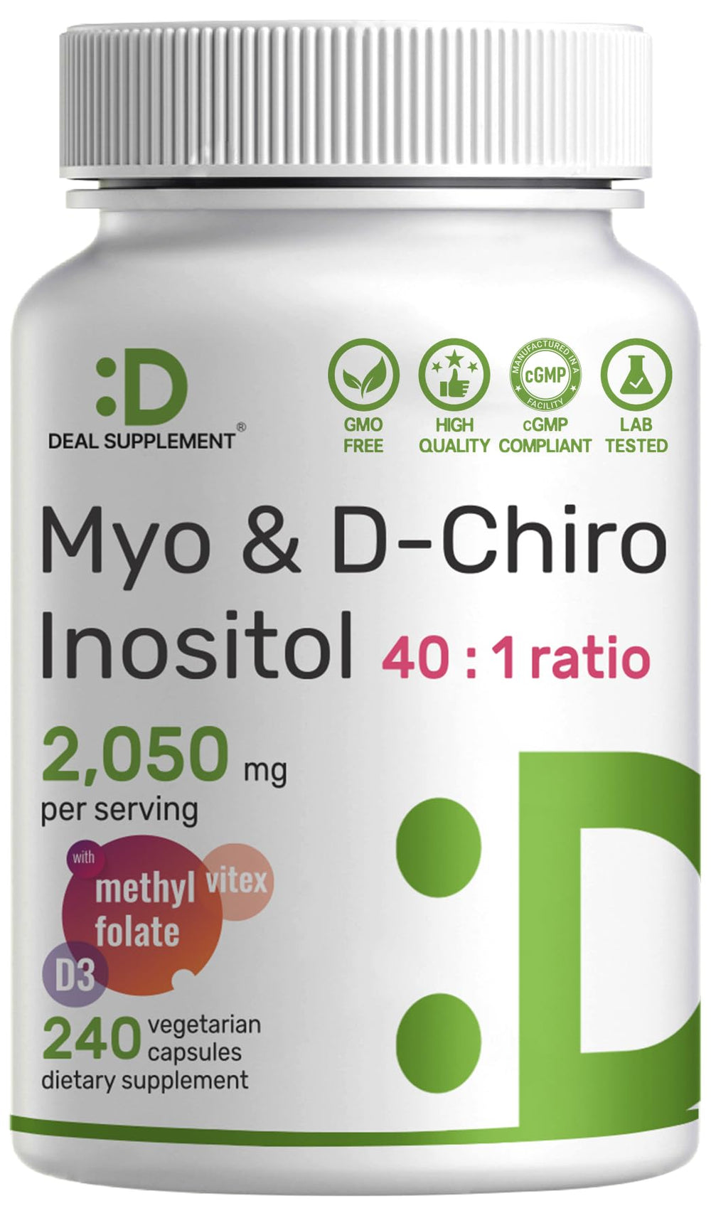 DEAL SUPPLEMENT frasco frontal mostrando 240 cápsulas y etiqueta clara para identificación y confianza