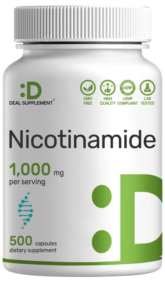 DEAL SUPPLEMENT frasco frontal mostrando etiqueta clara y beneficio de nicotinamida