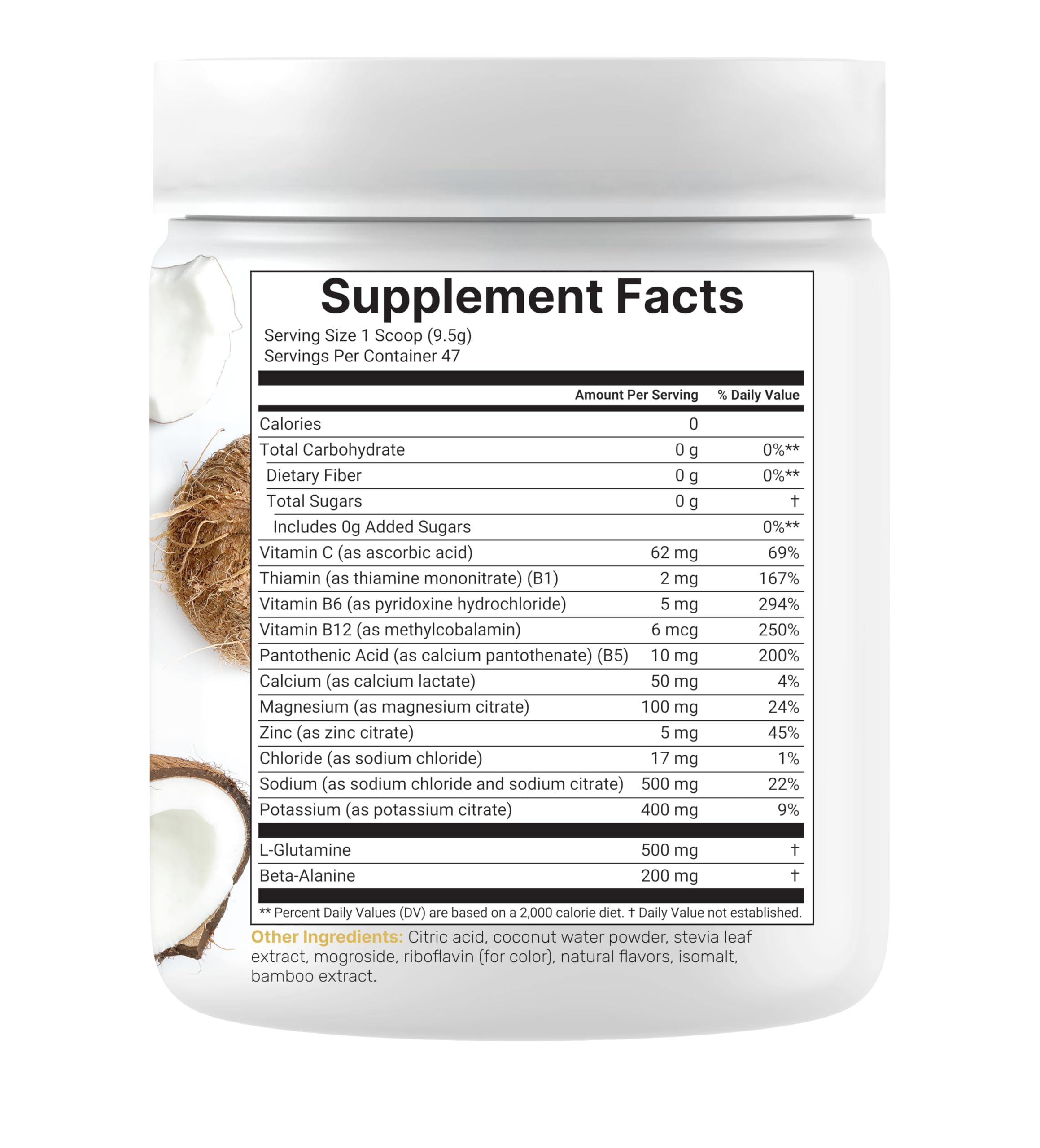 DEAL SUPPLEMENT ingredientes clave como agua de coco y aminoácidos en acercamiento