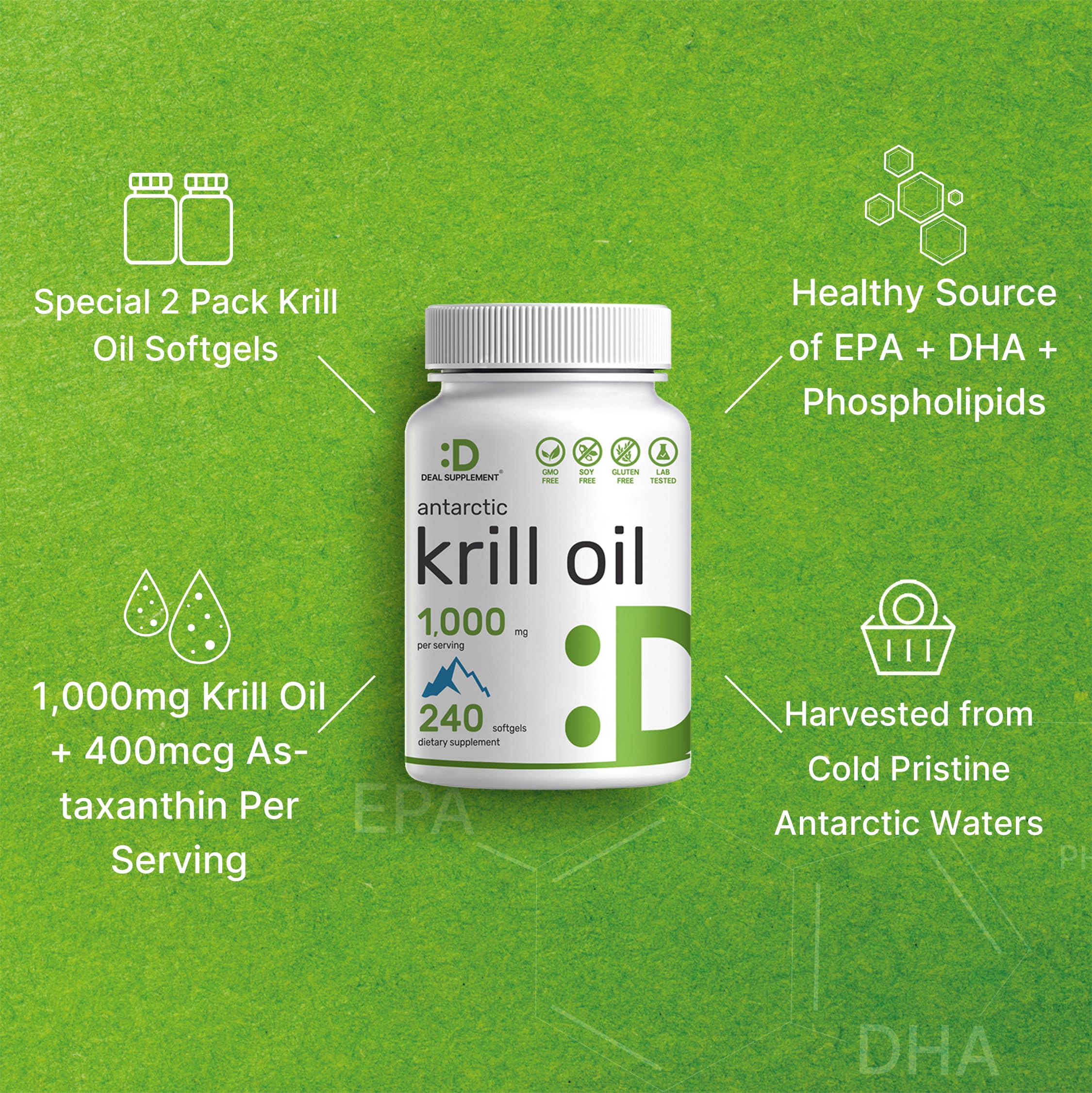 DEAL SUPPLEMENT ingredientes resaltados: omega‑3 y astaxantina, beneficios antioxidantes visualizados