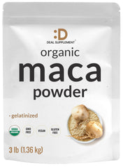 DEAL SUPPLEMENT envase frontal de maca peruana orgánica, presentación clara y volumen