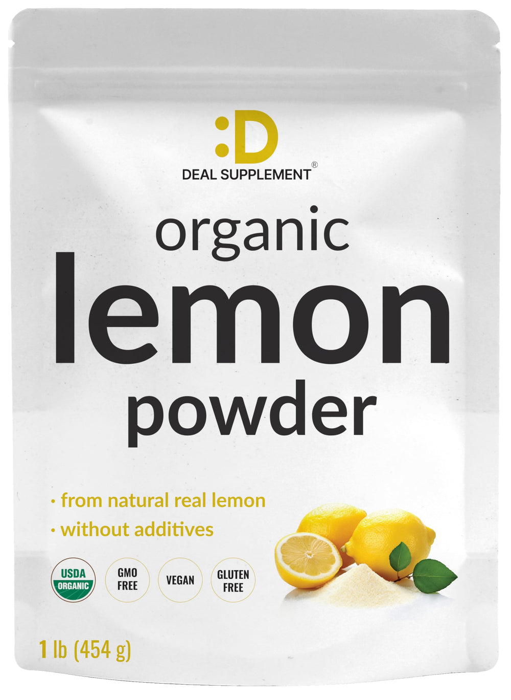 DEAL SUPPLEMENT empaque frontal del polvo de limón mostrando etiqueta y tamaño
