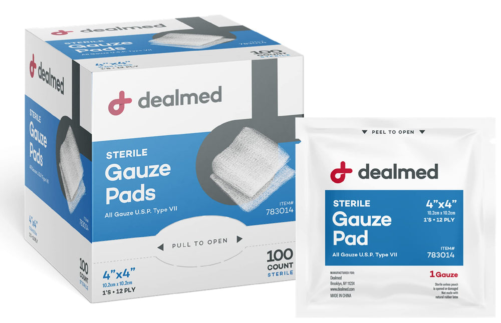 Dealmed empaque frontal de gasas 4x4 muestra cantidad y beneficio de organización