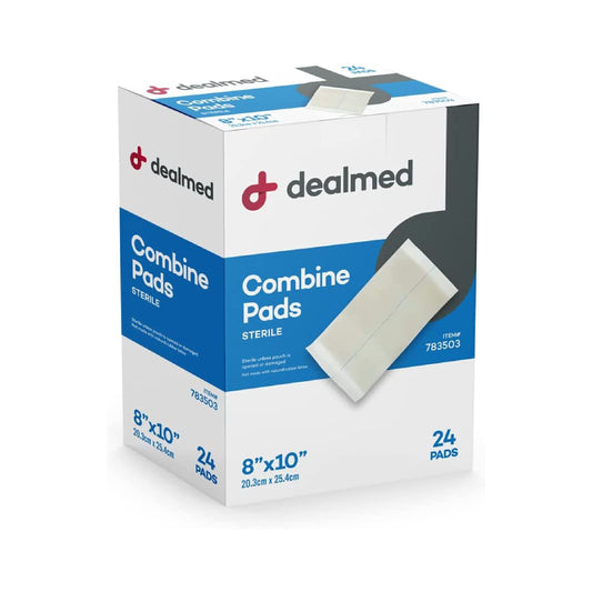 Dealmed empaque frontal del pad abdominal de 24 unidades mostrando tamaño y marca