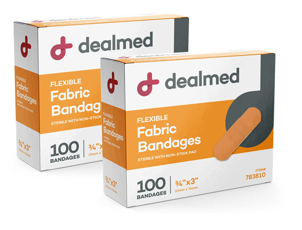Dealmed empaque frontal que muestra 100 tiritas, ideal para botiquín