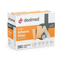 Dealmed empaque frontal mostrando 280 vendajes, almacenamiento compacto y claro