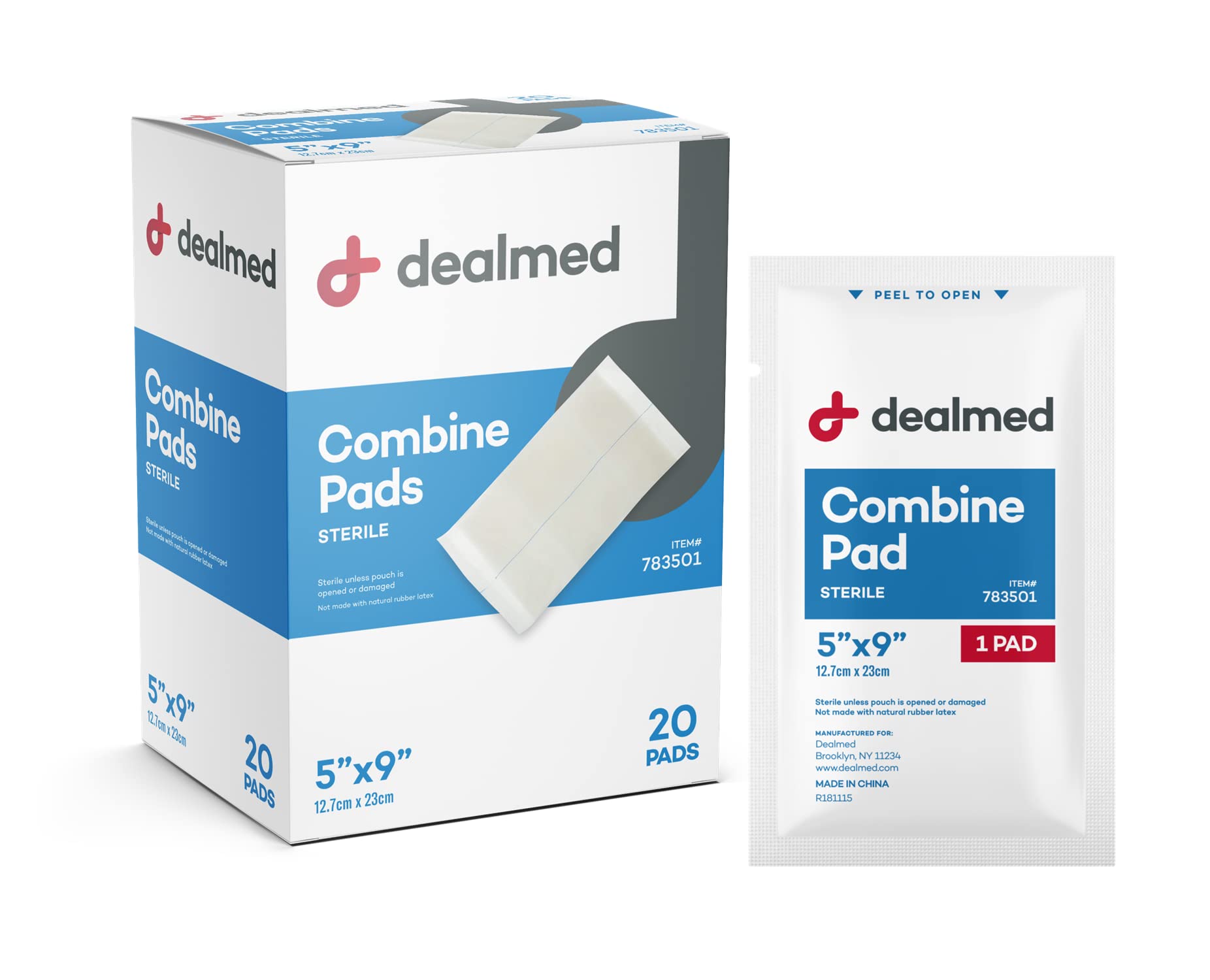 Dealmed empaque frontal mostrando 20 almohadillas y fácil identificación