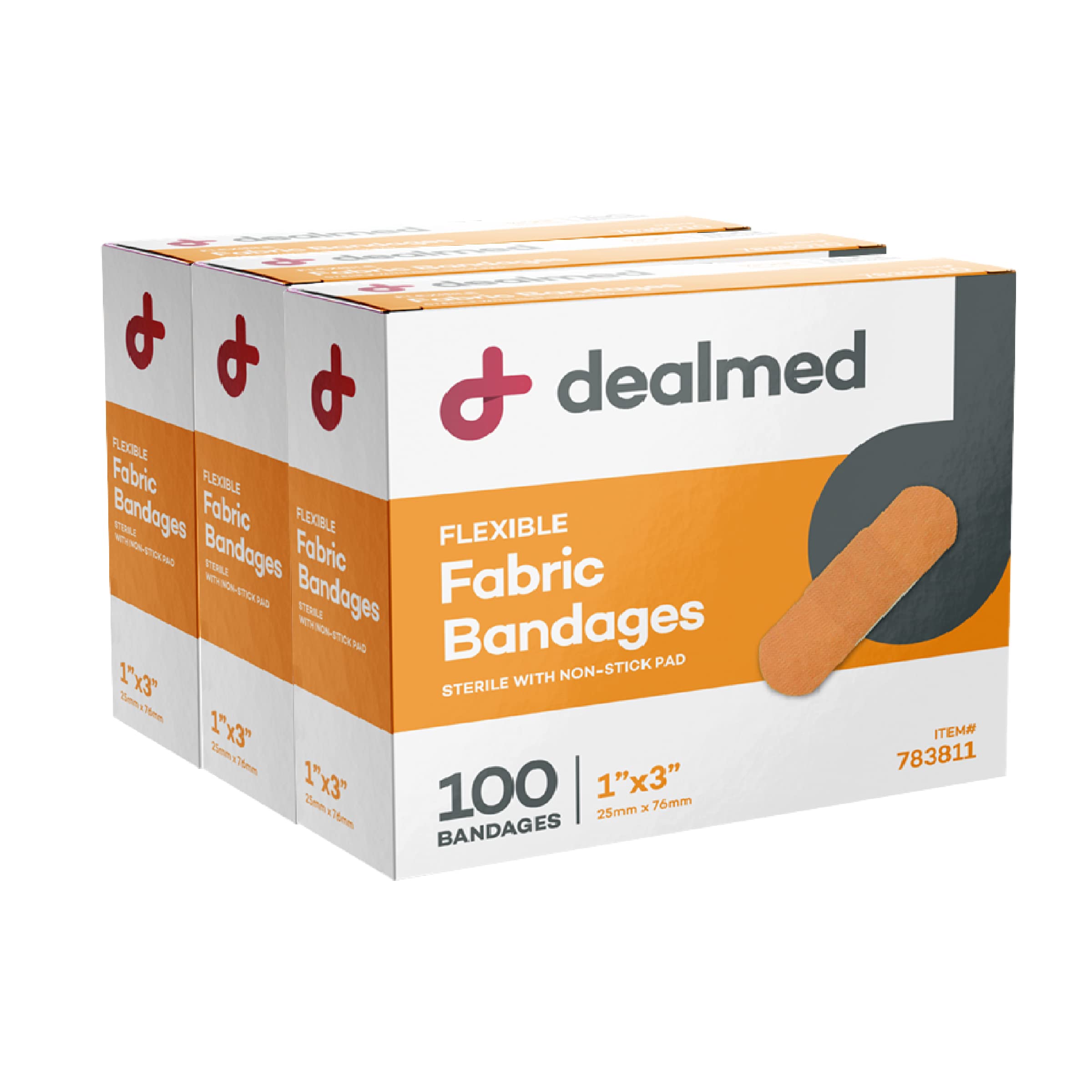 Dealmed empaque frontal mostrando 300 vendajes, fácil abastecimiento
