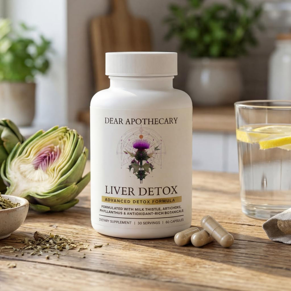 Presentación Dear Apothecary frasco y caja en entorno de cocina limpia