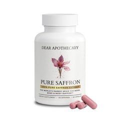 Dear Apothecary envase frontal de Pure Saffron Extract mostrando diseño y cantidad