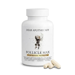 Dear Apothecary botella frontal mostrando diseño y beneficio para cabello