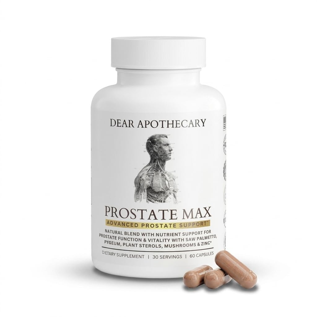 Dear Apothecary envase frontal de Prostate Max Support que muestra la marca y beneficios