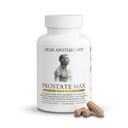 Dear Apothecary envase frontal de Prostate Max Support que muestra la marca y beneficios