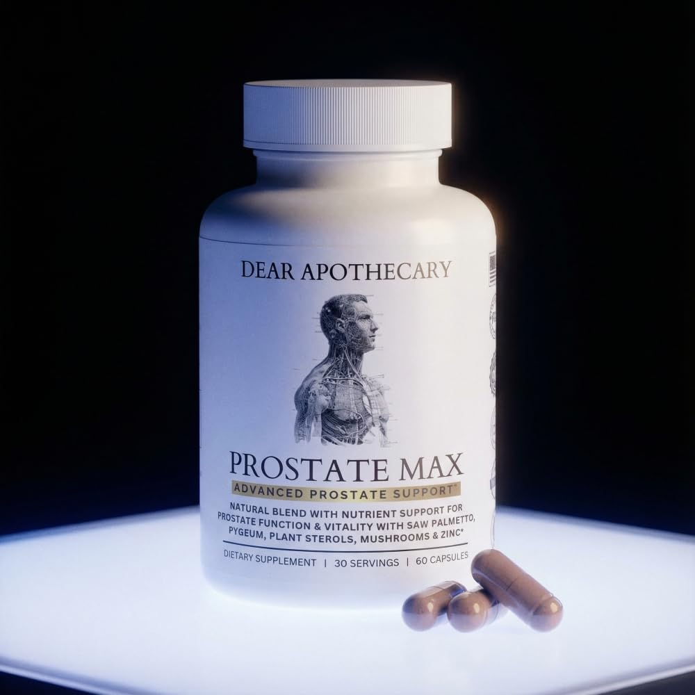 Comparación de tamaño de la cápsula Dear Apothecary Prostate Max Support en palma para escala