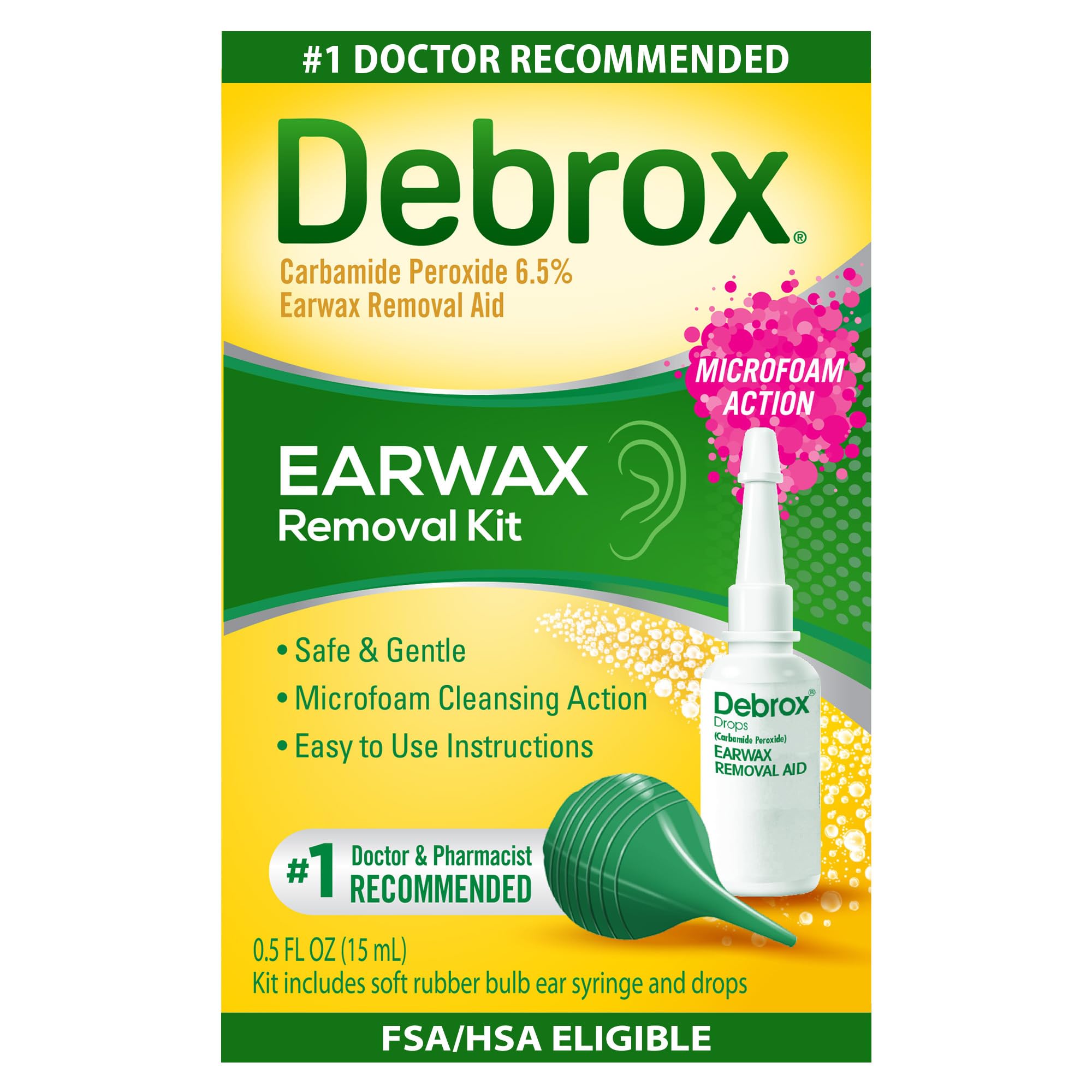 Debrox envase frontal mostrando gotas y beneficio de ablandar cera