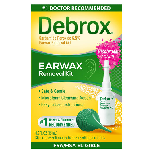 Debrox envase frontal mostrando gotas y beneficio de ablandar cera