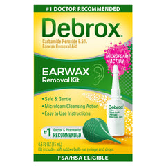 Debrox envase frontal mostrando gotas y beneficio de ablandar cera