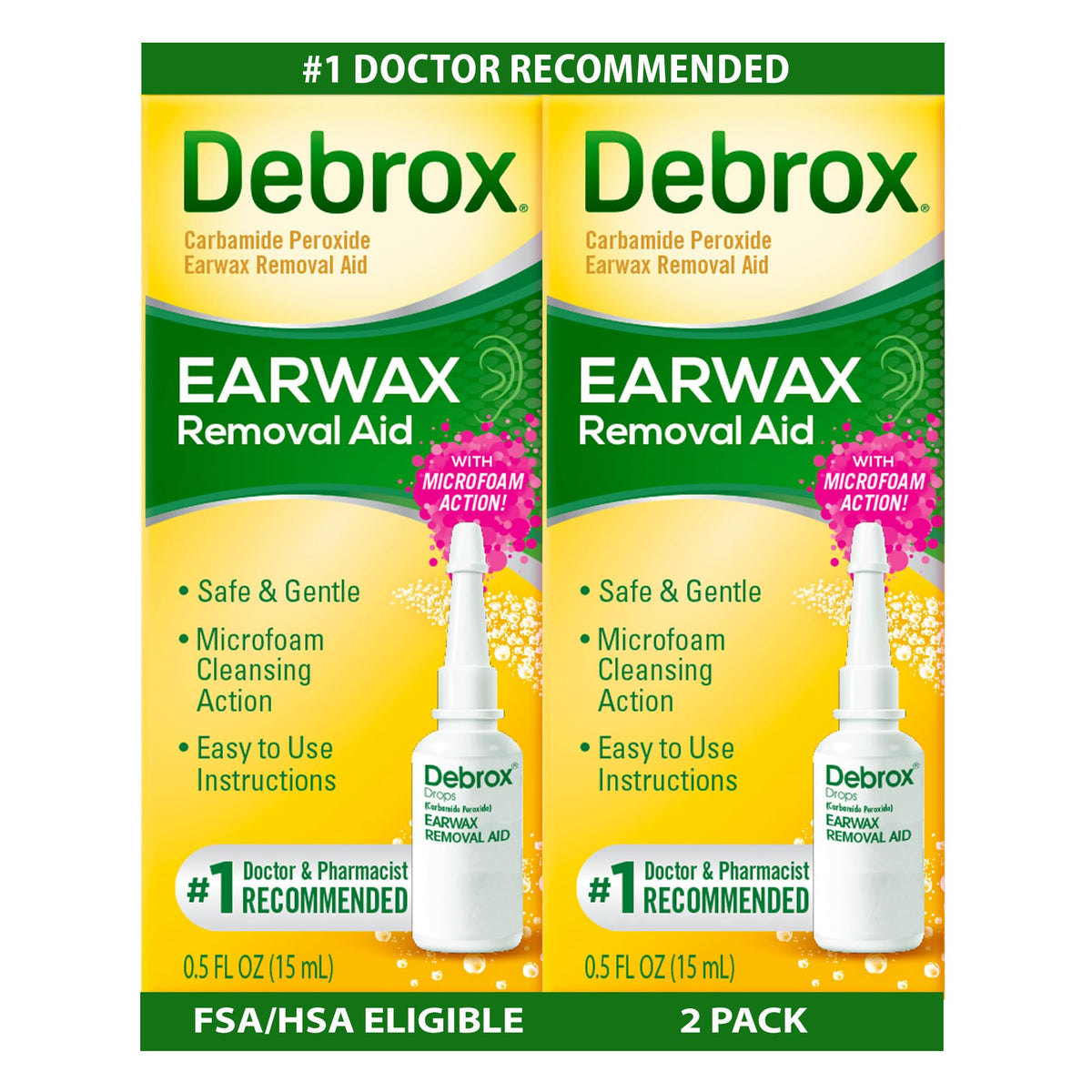 Debrox frontal pack de 2 mostrando el envase y uso fácil