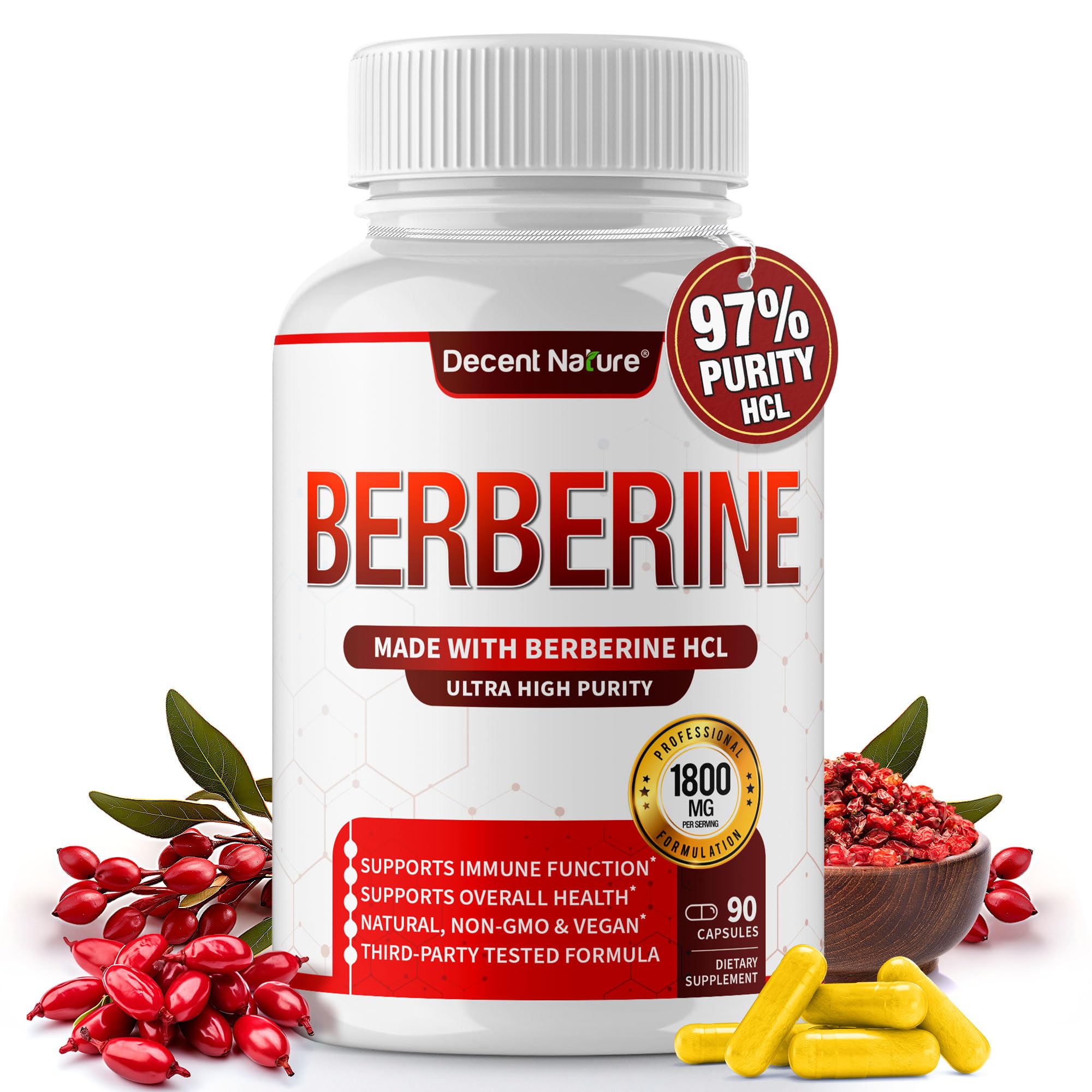 DECENT NATURE envase frontal de berberina 1800 mg que transmite pureza y confianza