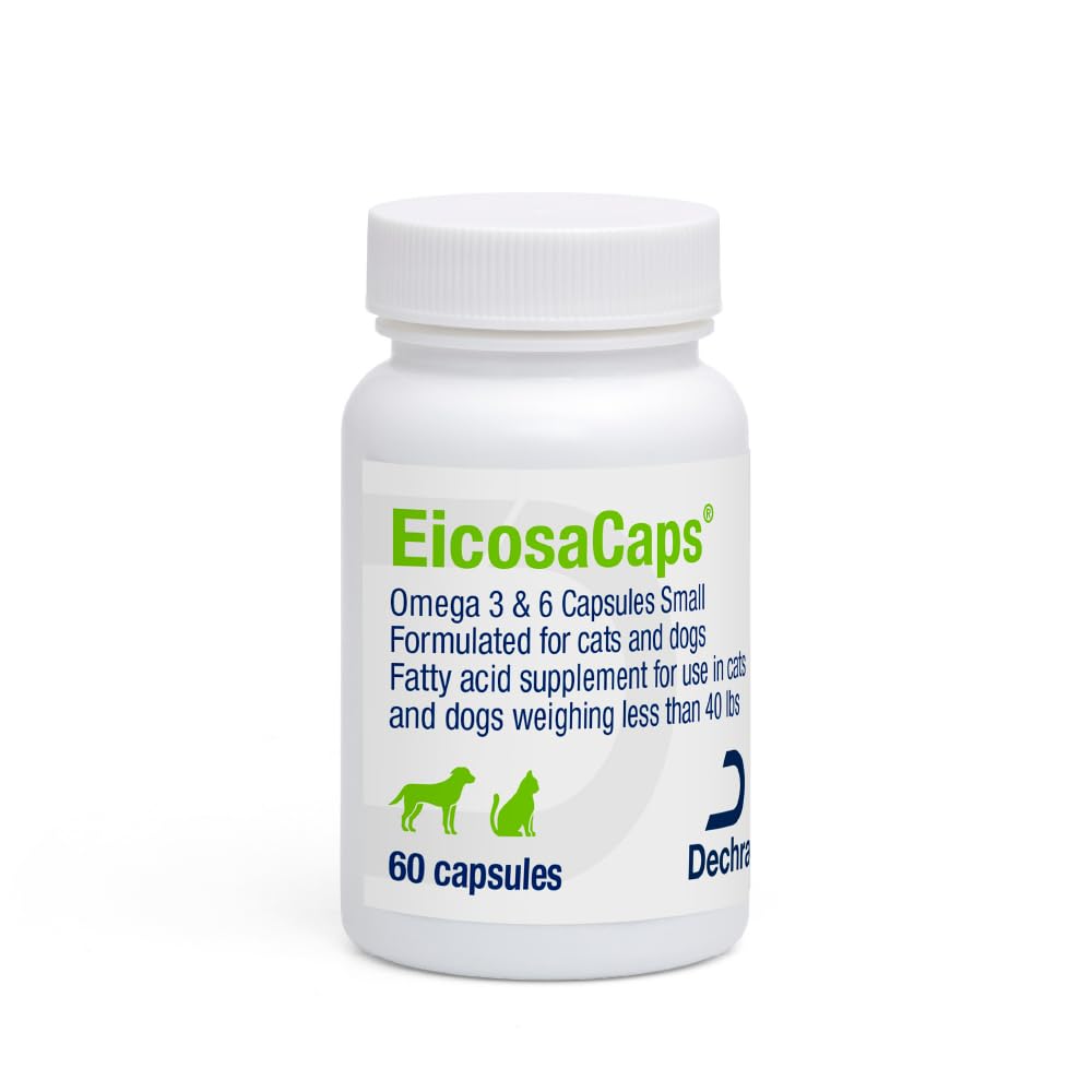 Dechra EicosaCaps frente del envase mostrando 60 cápsulas y beneficios visibles