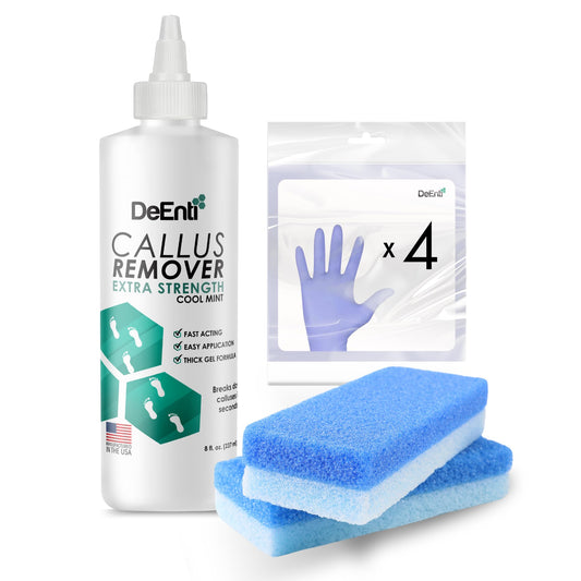 DeEnti pack frontal mostrando botella, piedras y guantes para pedicura