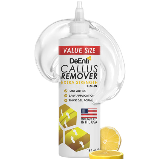 DeEnti gel 16oz vista frontal con etiquetado claro y beneficio de suavizar callos