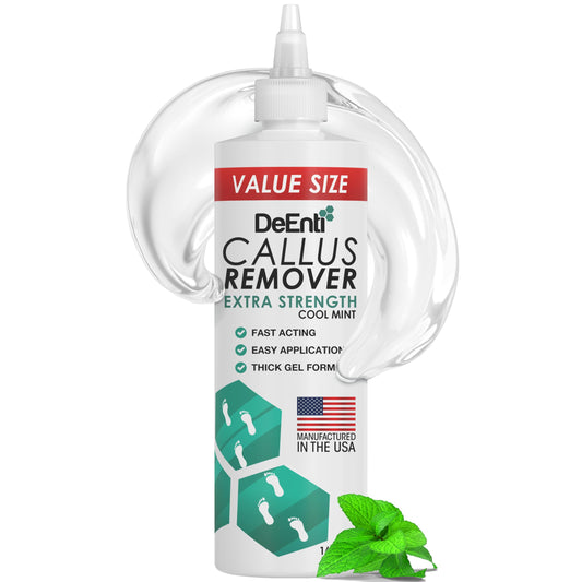 DeEnti envase frontal 16oz mostrando fórmula profesional y beneficio de eliminación de callos