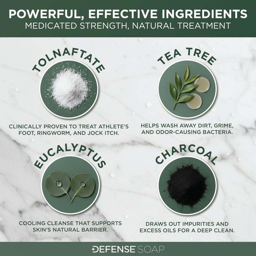 Defense Soap etiqueta con ingredientes, información clara sobre tolnaftate
