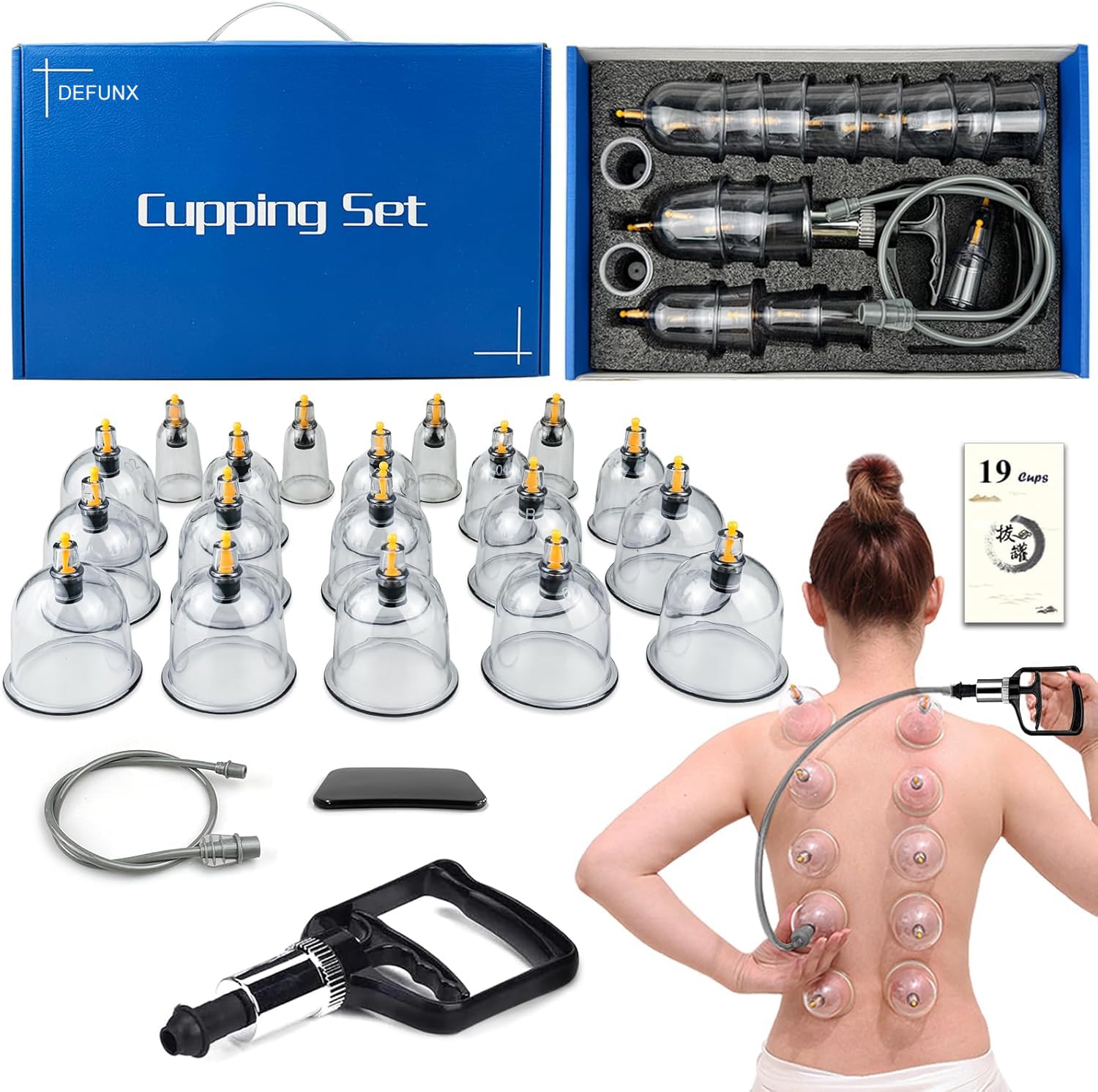 DEFUNX vista frontal del kit completo con 19 ventosas y bomba, ideal para terapia en casa