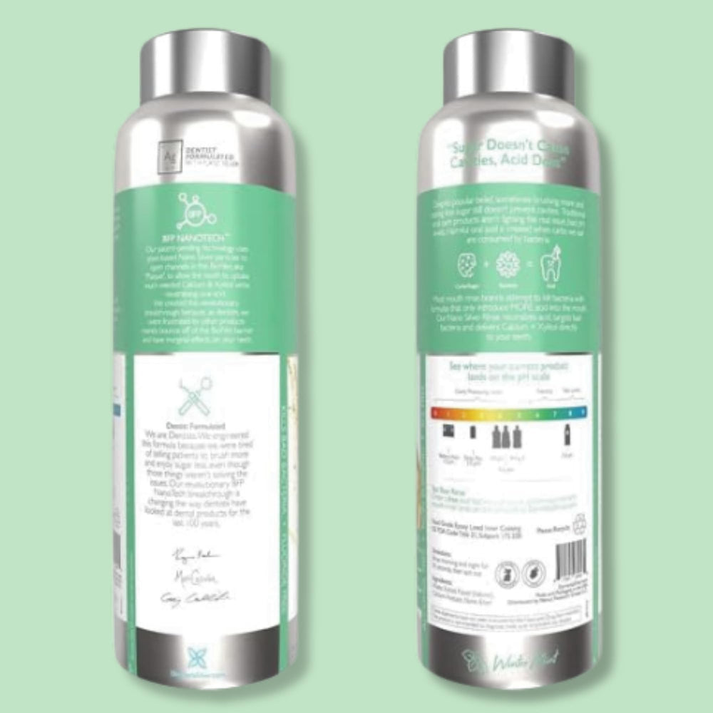 Botella Delsmile Elementa Silver junto a objetos para comparar tamaño