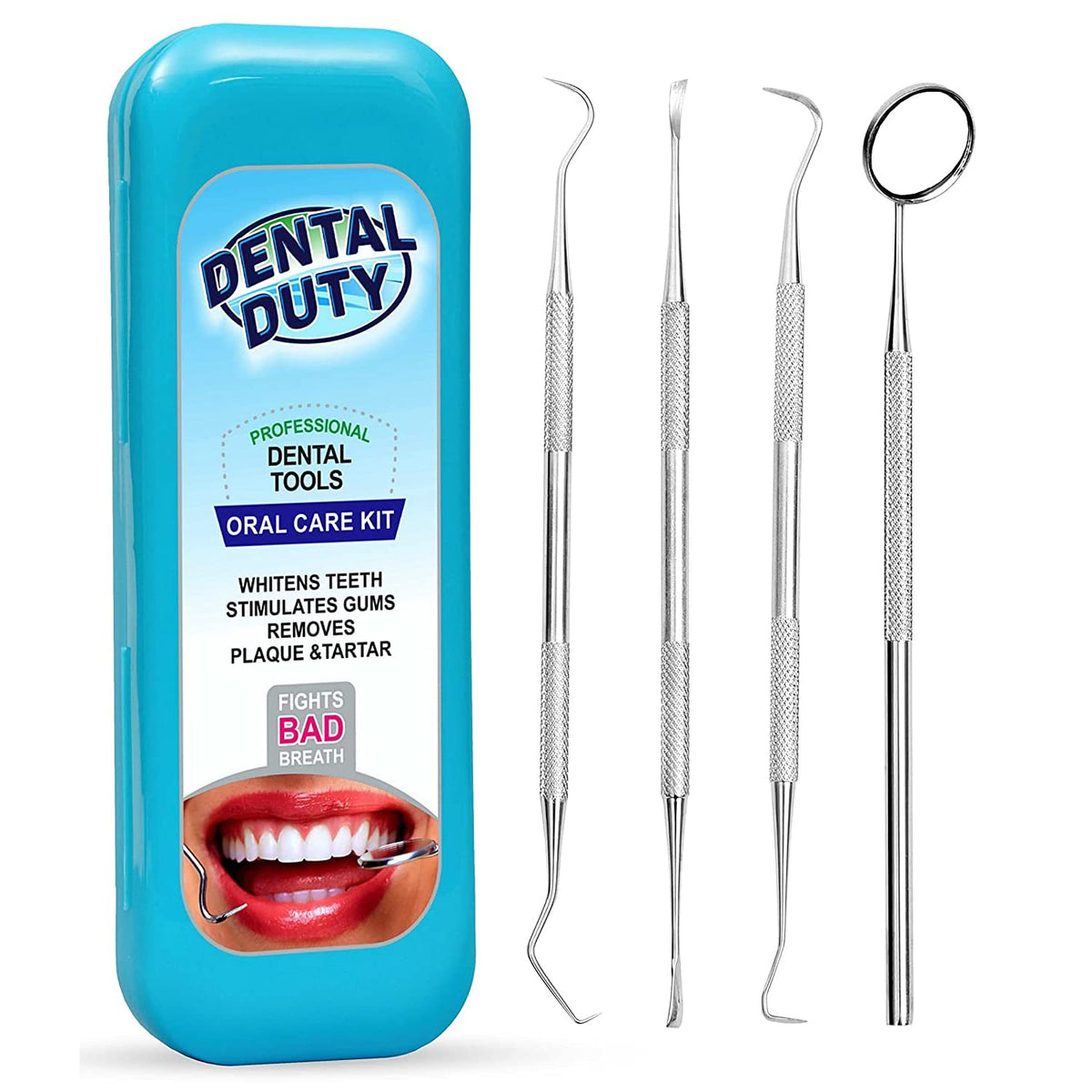 Dental Duty empaque frontal color aqua mostrando el kit completo y su organización