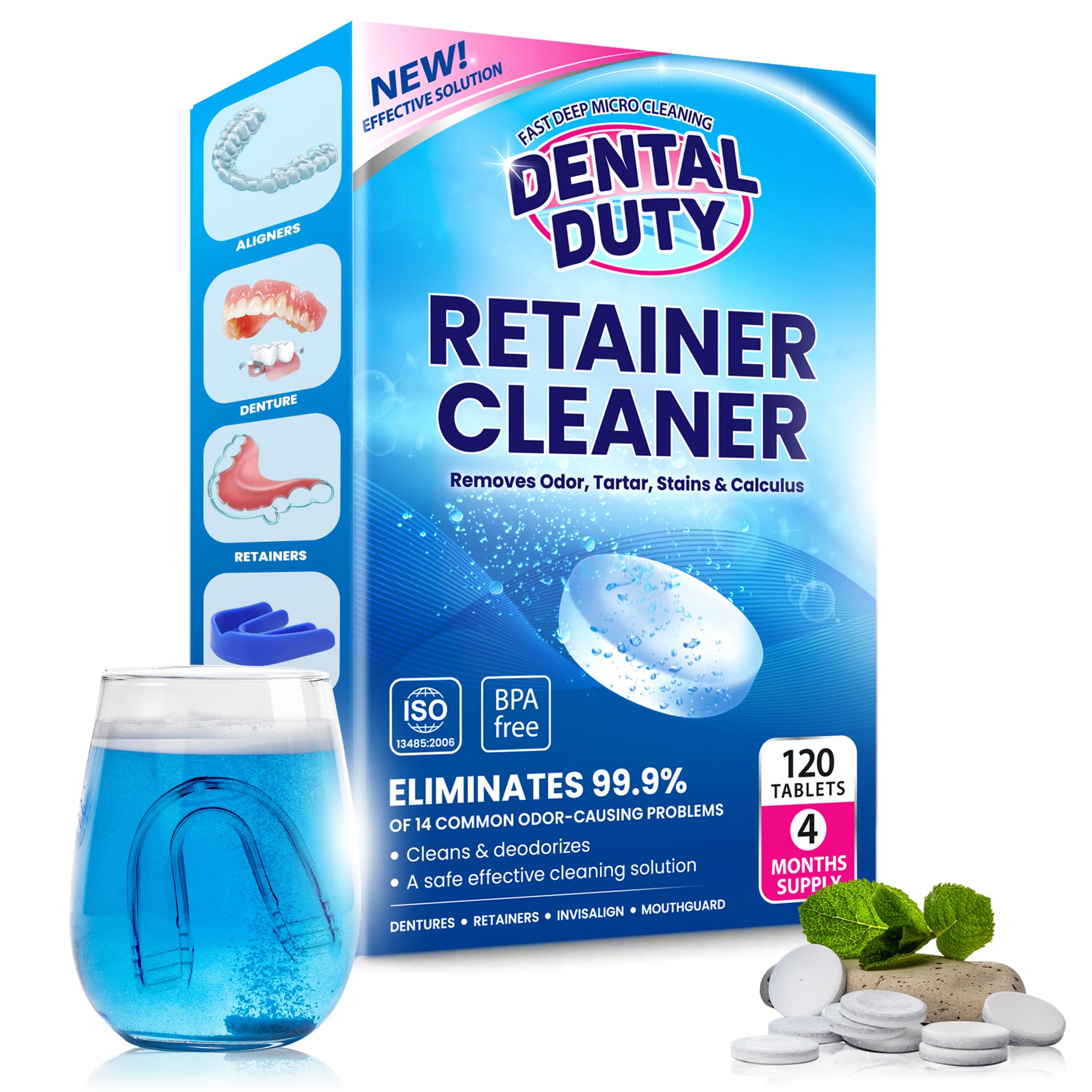 Dental Duty paquete frontal mostrando 120 tabletas y beneficios de limpieza
