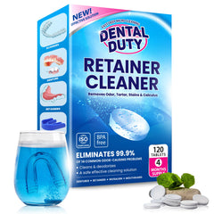 Dental Duty paquete frontal mostrando 120 tabletas y beneficios de limpieza