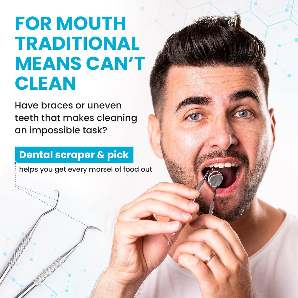 Dental Duty pick en uso entre dientes para limpieza de residuos difícil