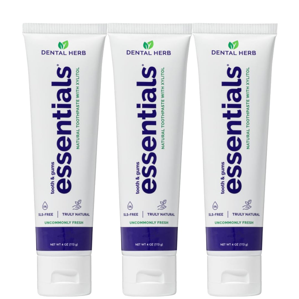 Dental Herb Company frente del empaque mostrando el paquete de tres tubos y beneficio de suministro