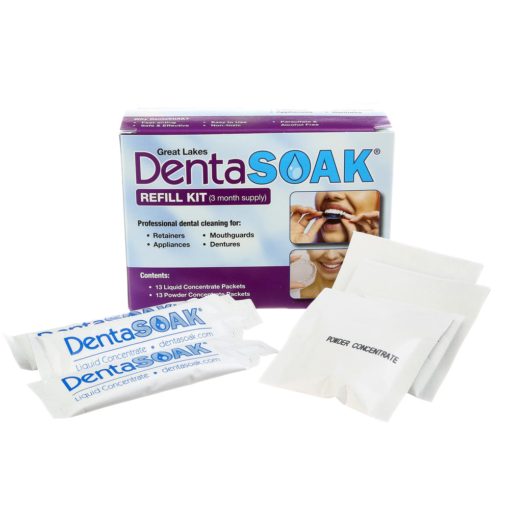 DentaSOAK empaque frontal mostrando sobres y beneficio limpieza semanal