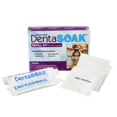 DentaSOAK empaque frontal mostrando sobres y beneficio limpieza semanal