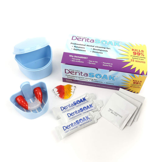 DentaSOAK vaso-aparato con bandeja mostrando mezcla y limpieza eficiente