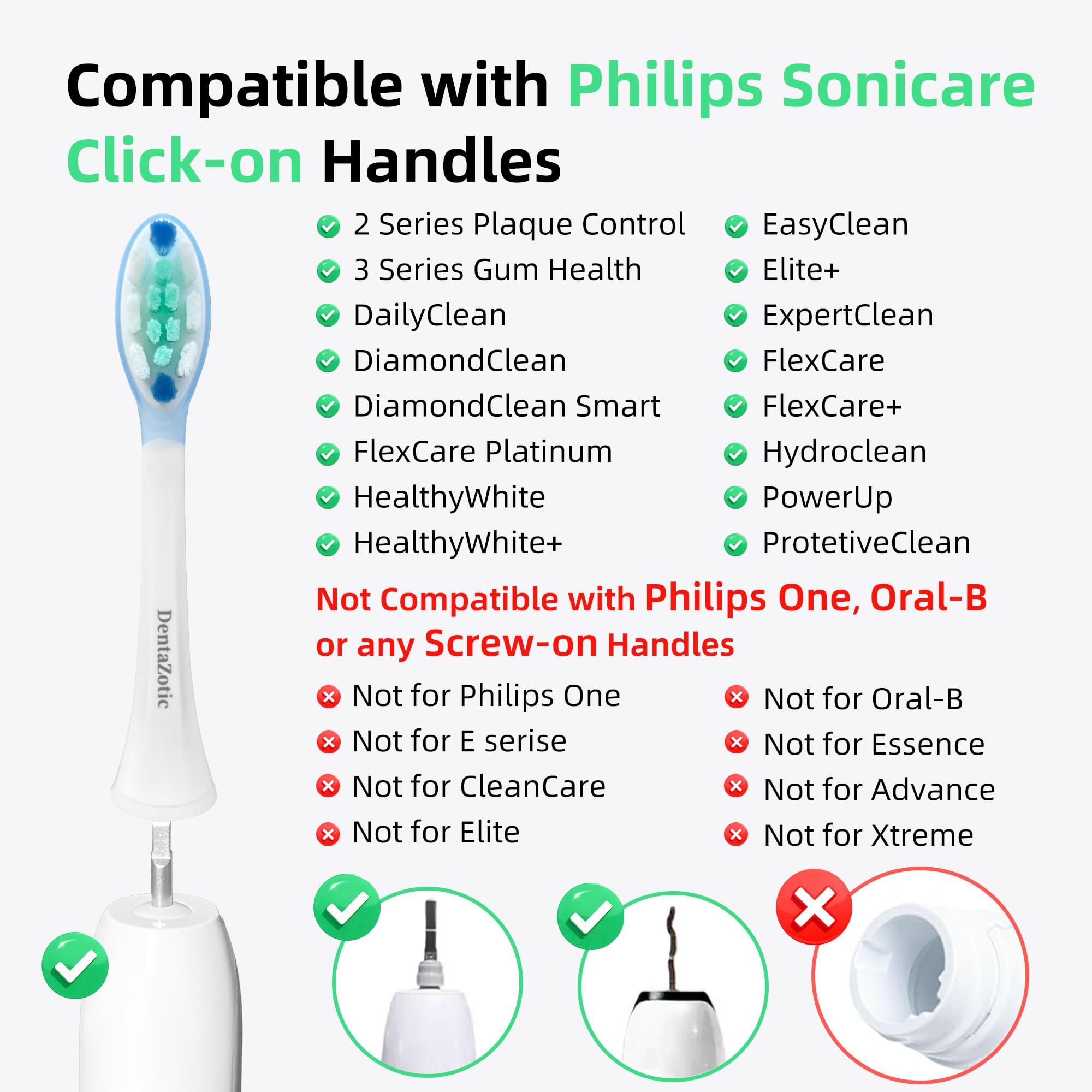 DentaZotic muestra encaje click-on con mango Sonicare para ajuste seguro