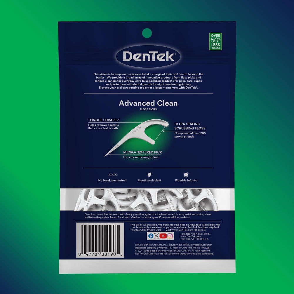 DenTek floss pick al lado de un objeto para comparar tamaño y portabilidad